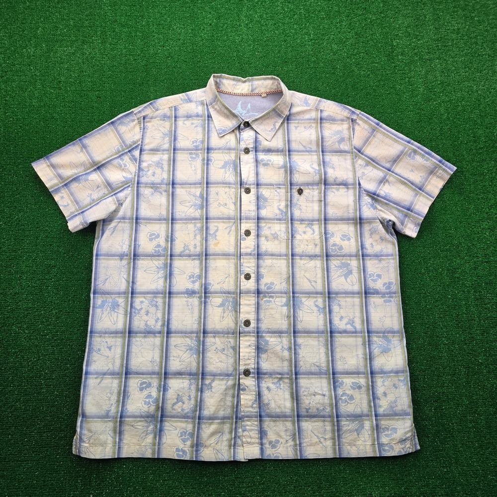 Mantraray‎ Shirt Mens XL Blue Beige Plaid Floral Button Up Short Sleeve Beach